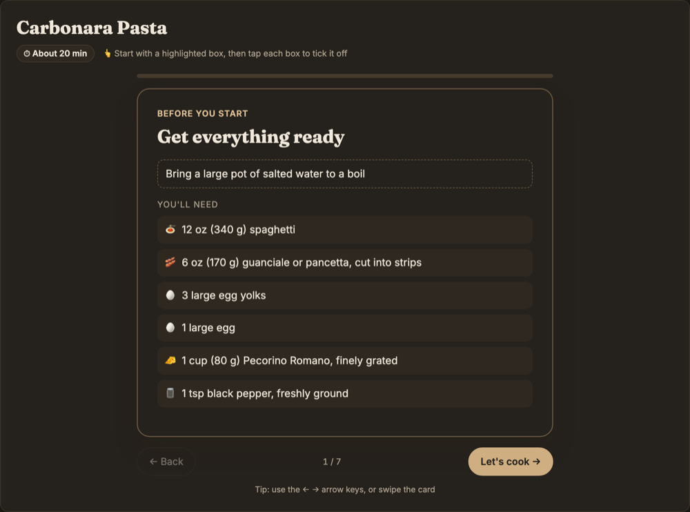 Carbonara pasta as a card: the first card says get everything ready and lists the six ingredients, with a Let's cook button.